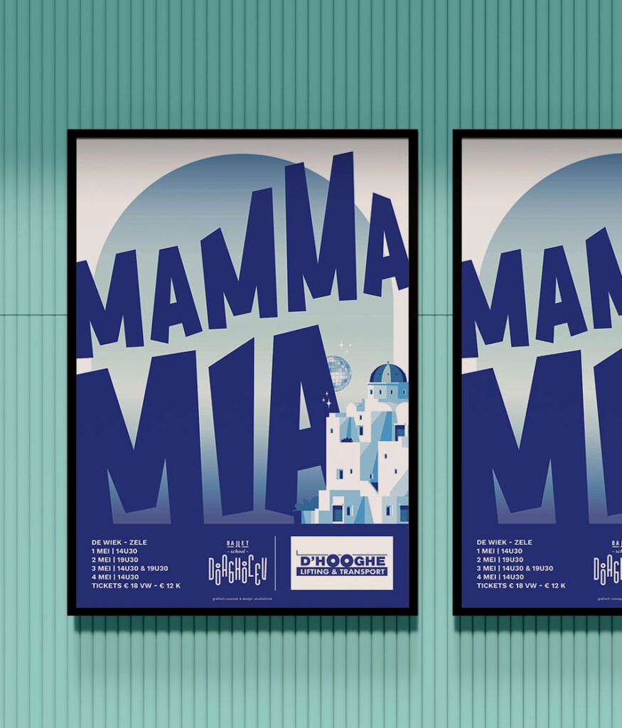 mamma mia affiches aan een muur
